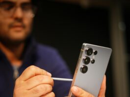 Samsung Galaxy S23 Ultra showing large curved AMOLED display, sleek design, and quad-camera system